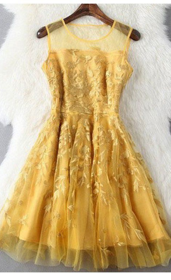 Homecoming Dresses Golden Sleeveless Tulle Zippers Appliqued Above Knee Jewels A Line