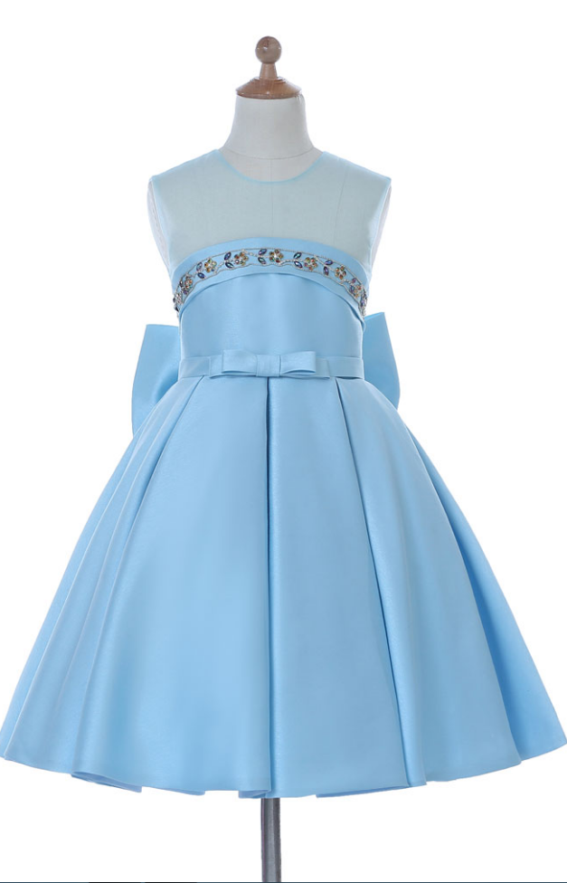 Faisata Silk Satin Mint Blue A-line Pleat Big Girls Sheer Neckline Tea Length Flower Girl Dress