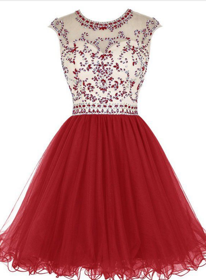 Homecoming Dresses Dark Red Capped Sleeves Tulle Zippers Beaded Short Jewels A-line/column