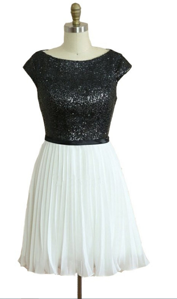 Capped Sleeves Black And White Homecoming Dresses Aline Paillette Above Knee Bateau Sheer Back Aline