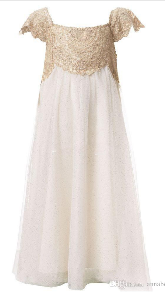 Vintage Flower Girl Dresses For Bohemia Wedding Floor Length Cap Sleeve Empire Champagne Lace Ivory Tulle First Communion Dresses 2 Transactions