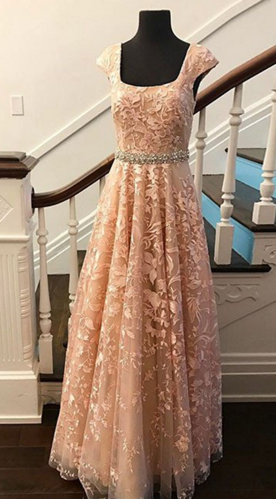 Square Neckline Cap Sleeved Lace A-line Long Prom Dress, Evening Dress With Beaded Embellished Band
