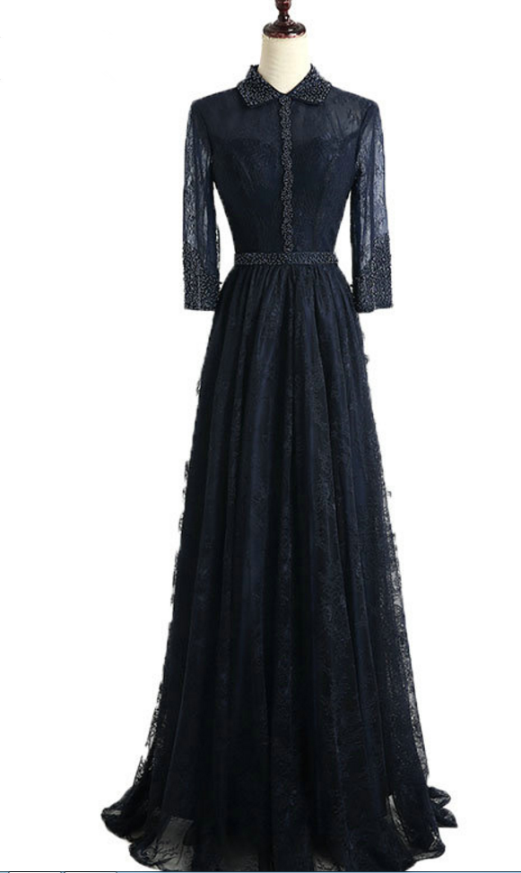 Blue Ocean A - Ligne Pearl Evening Gown Long Sleeve Lace Women Beautiful Dress Formal Party Party Dress