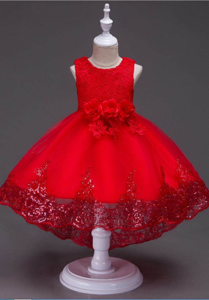 Girls Lace Trailing Flower Girls Dress Bow Kids Sequins High Low Party Prom Dress Children Clothes Red