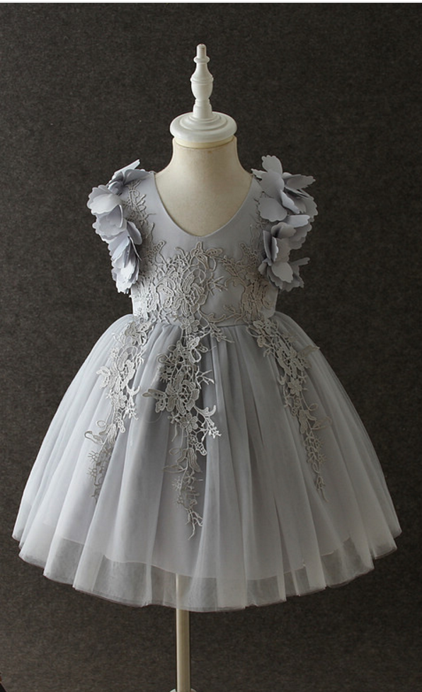 Infant Baby Birthday Party Formal Wedding Flower Girl Dress Baptism Toddler Princess Lace Kids Children Clothes Gray