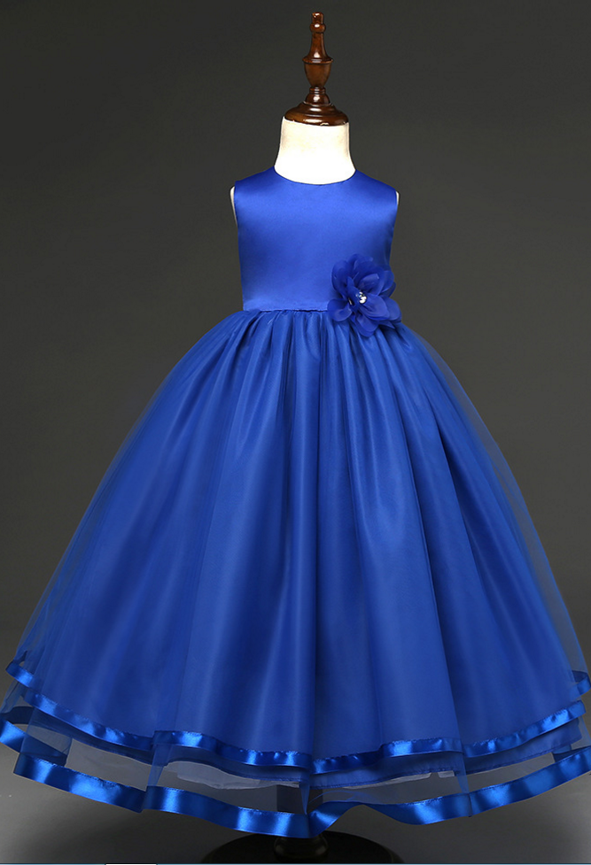 Custom Made Royal Blue Satin Ball Gown Evening Dress With Floral, Kids Clothing, Party Frock, Flower Girl Dresses, First Holy Communion Dresses,