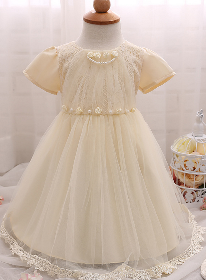 Baby Newborn Girl 1 Year Birthday Party Dress Summer Toddler Tutu Clothes Lace Christening Gowns Pale Yellow