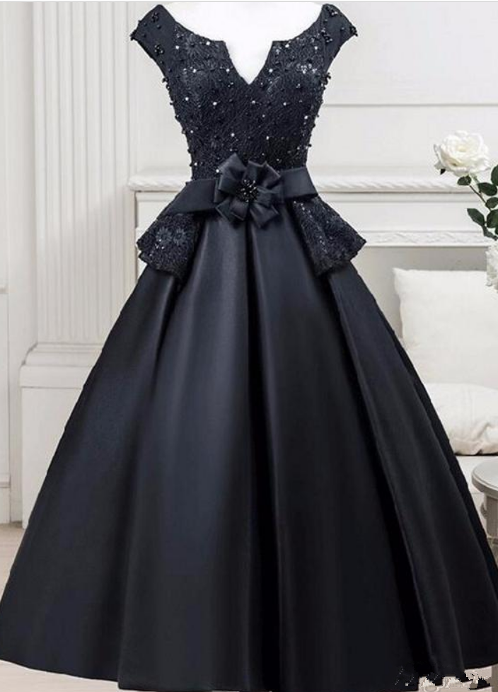 tea length bridesmaid dresses black Elythara Chic Spaghetti Straps A-Line Tea Length Jacquard Party Dresses, Black