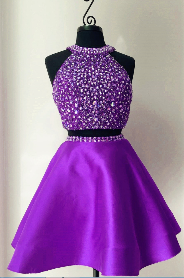 Homecoming Dress,sequins And Pearl Beaded Halter Short Satin Homecoming Dresses Two Piece Prom Dress