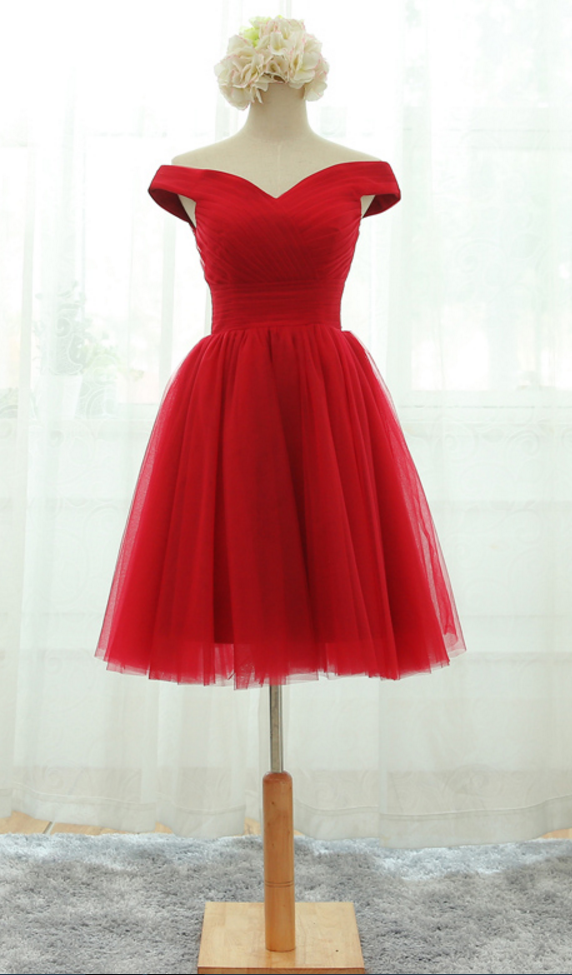 Red Off-the-shoulder Ruched Short Tulle Homecoming Dress Featuring Lace-up Back, Formal Dress