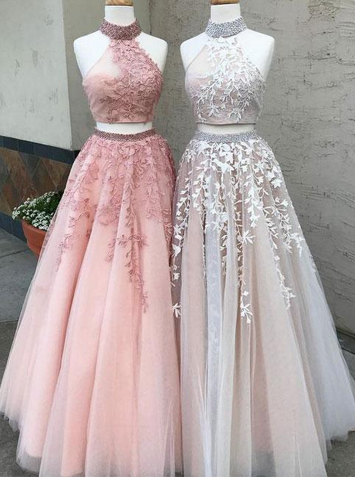 Two-piece Formal Dress Featuring Beaded Embellished High Halter Cropped Top And Long Tulle Skirt