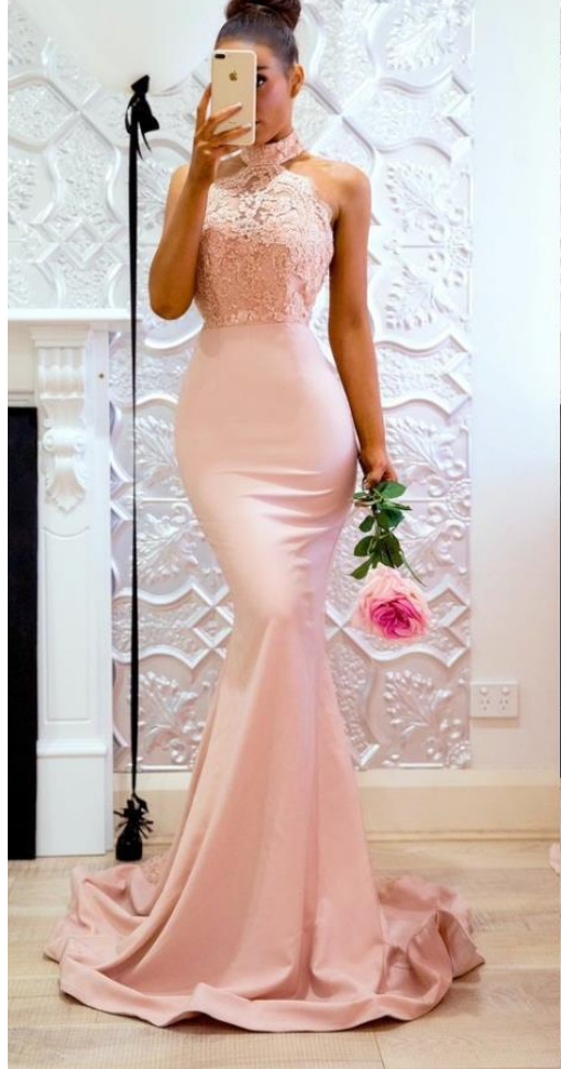 Pink Long High Neck Mermaid Lace Evening Dresses Open Back Applique Sweep Train Maid of Honor Party Dress for Bridesmaid Prom Dress