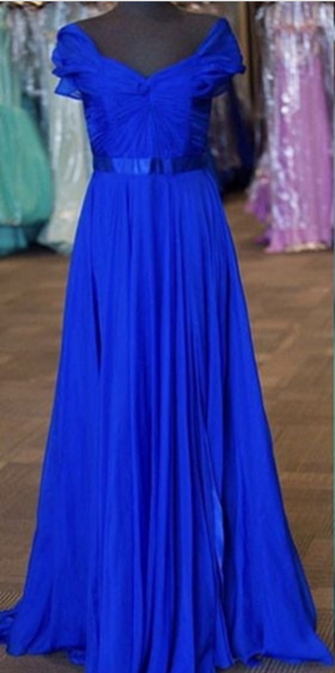 Blue Ruching Short Sleeves A-line Chiffon Prom Dresses
