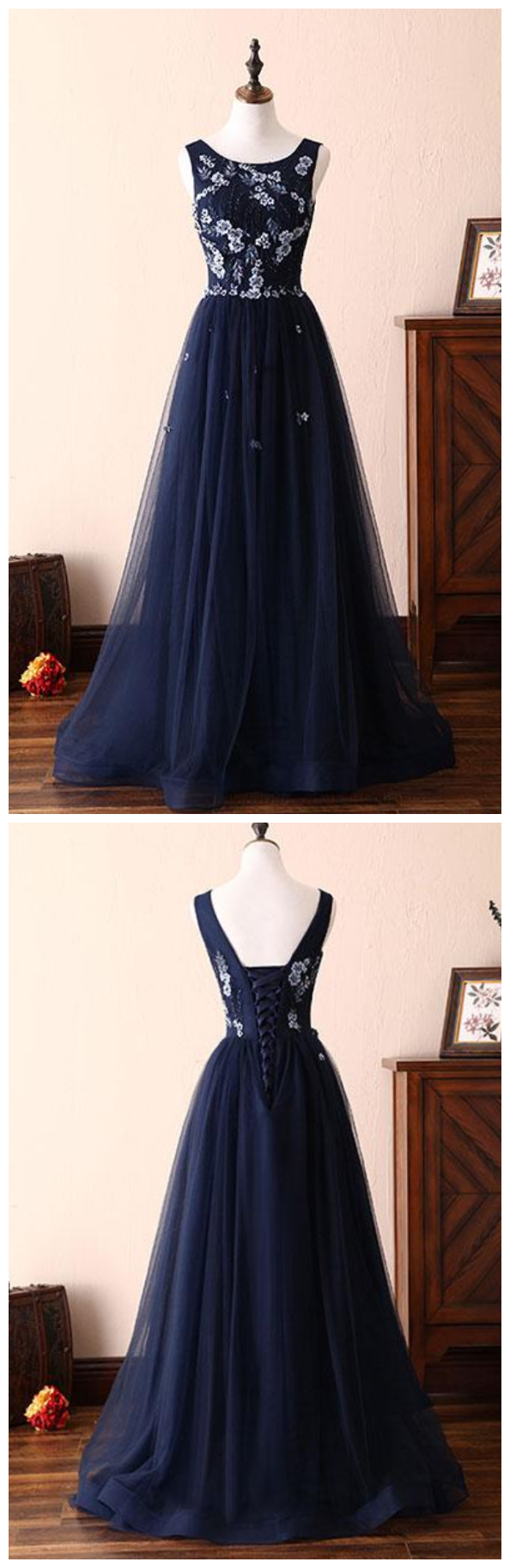 Dark Blue Lace Tulle Long Prom Dress, Formal Dress on Luulla