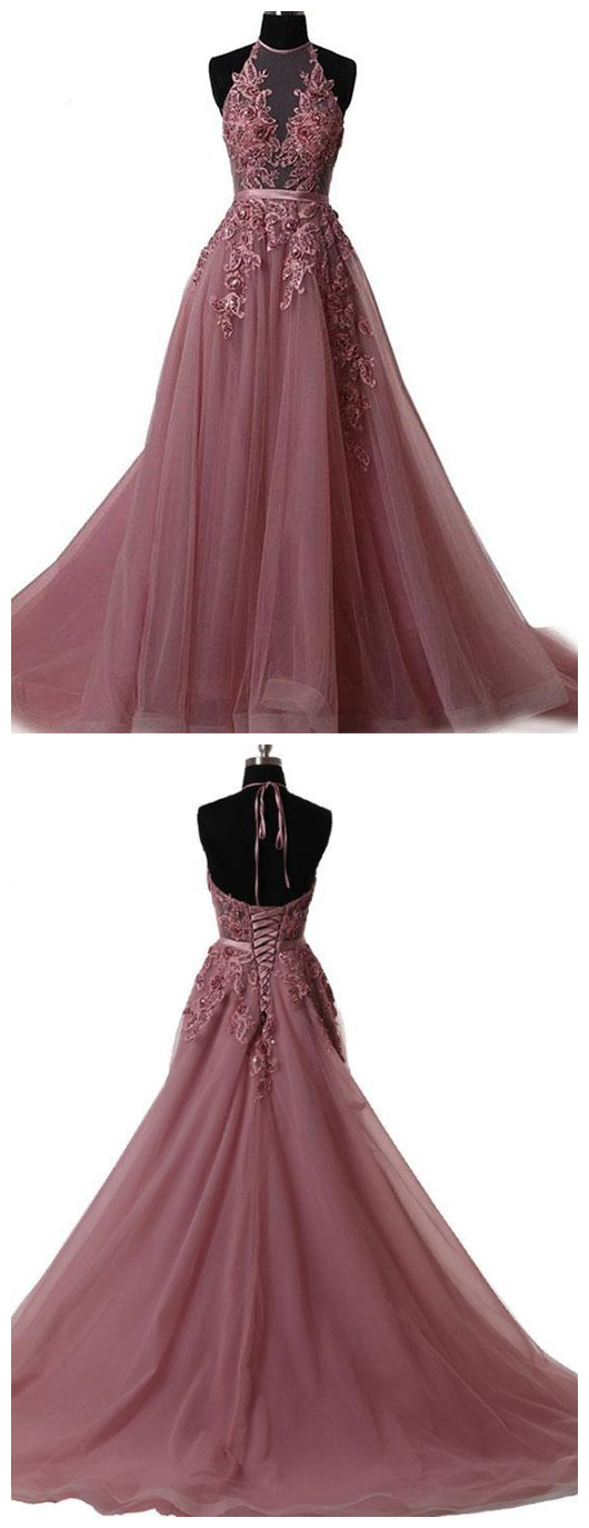 A Line Lace Tulle Backless Long Prom Dress, Evening Dress P1695 on Luulla