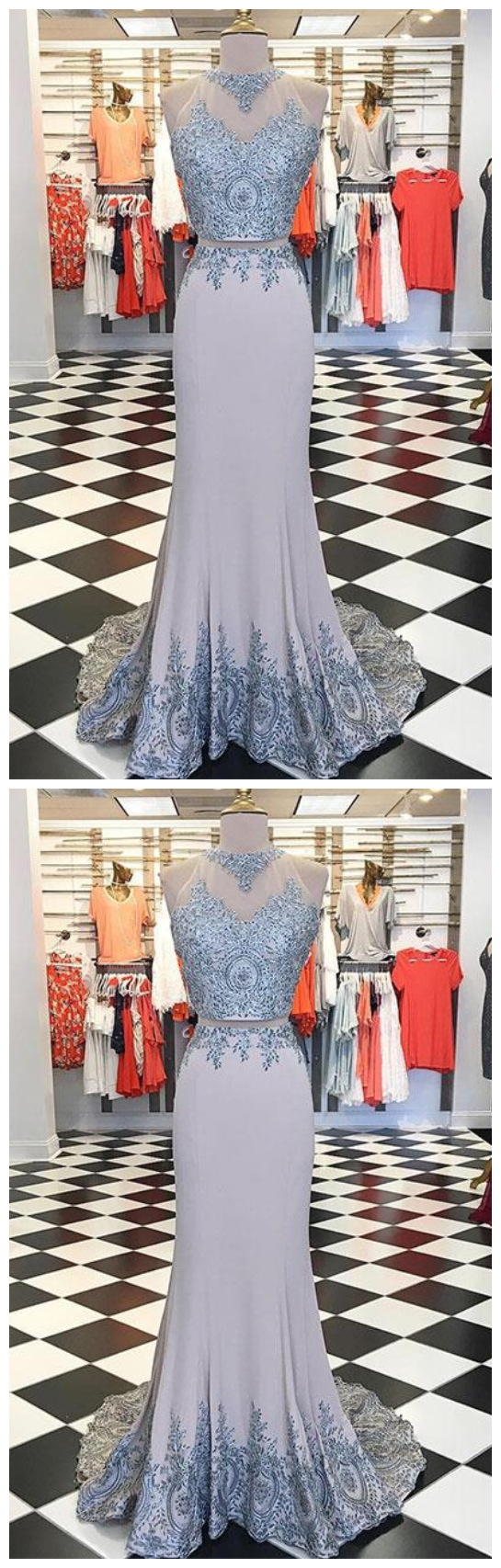 Unique Gray Lace Applique Long Prom Dress, Evening Dress P1697