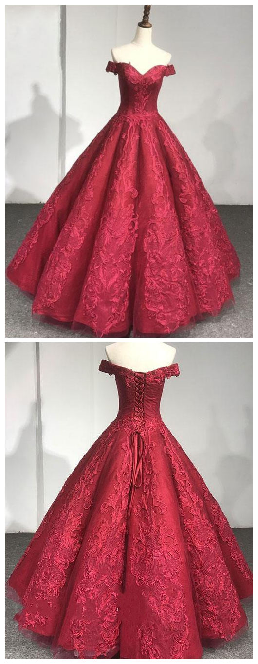 Burgundy Lace Off Shoulder Long Prom Dress, Evening Dress P1700