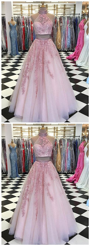 Prom Dresses,pink Two Pieces Lace Tulle Long Prom Dress, Pink Evening Dress P1710