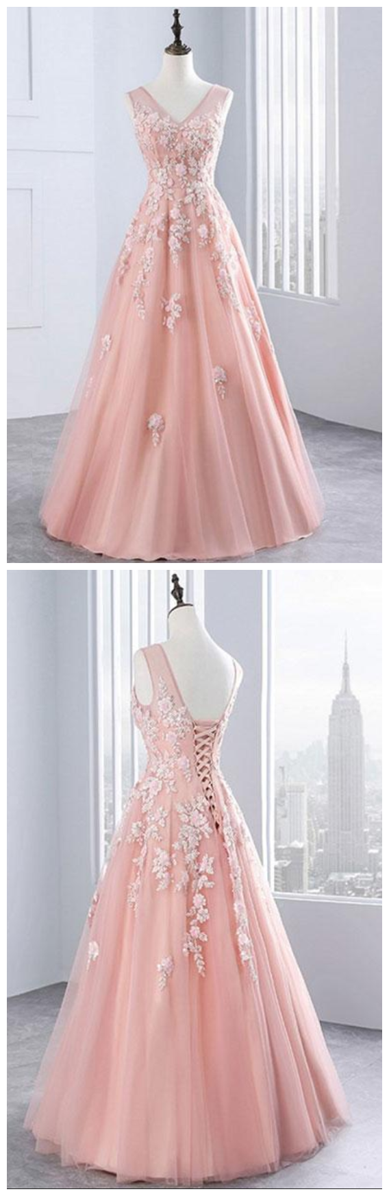 Custom Made Pink Sleeveless V-neckline Tulle Floor Length Evening Dress, Prom Dress With Lace Applique