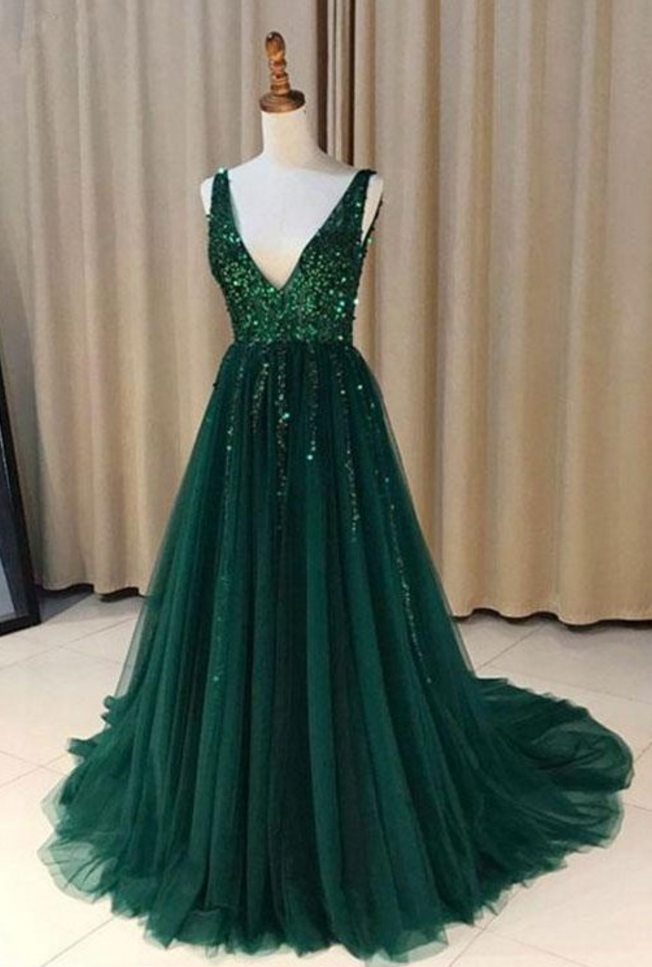Stylish A-line V-neck Green Tulle Long Prom Dress Evening Dresses With Sequins