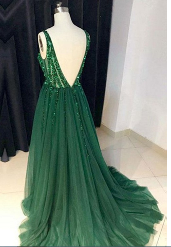 Stylish A-line V-neck Green Tulle Long Prom Dress Evening Dresses With ...