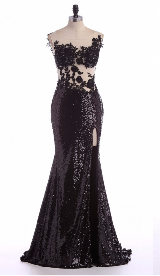 Sexy Black Lace Evening Dress Women Mermaid Sequin Gown Side Slit Prom ...