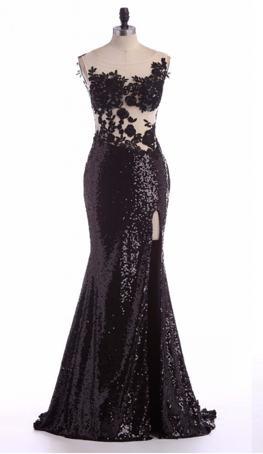 knee length dresses for ladies Sexy Black Lace Sequin Slit Long Prom Dress Mermaid Evening Dress SH1451