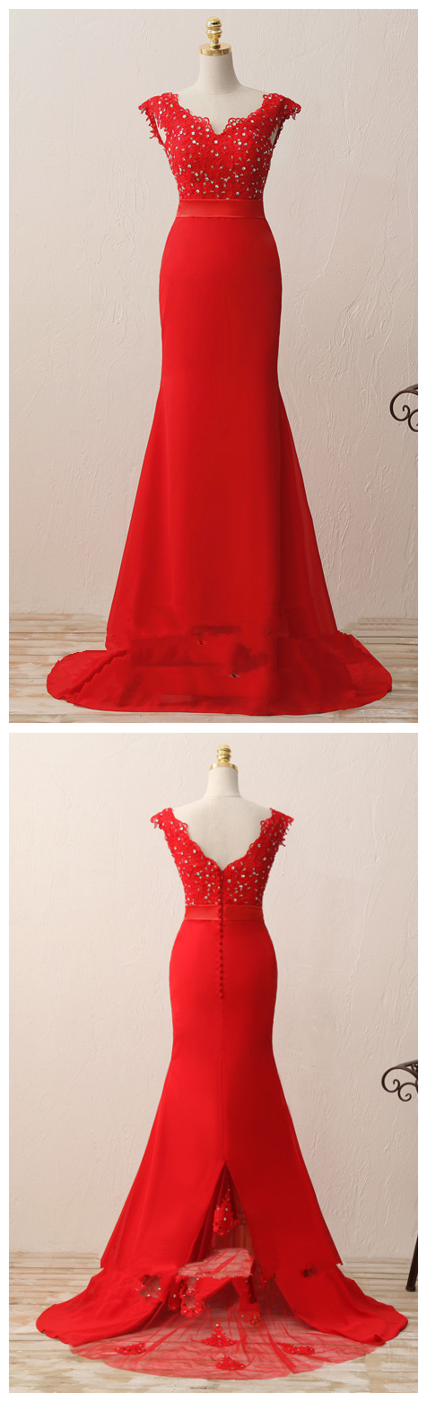 Women's Formal Dresses,cap Sleeve Mermaid Prom Dresses,red Evening Dresses, Bridesmaid Dresses