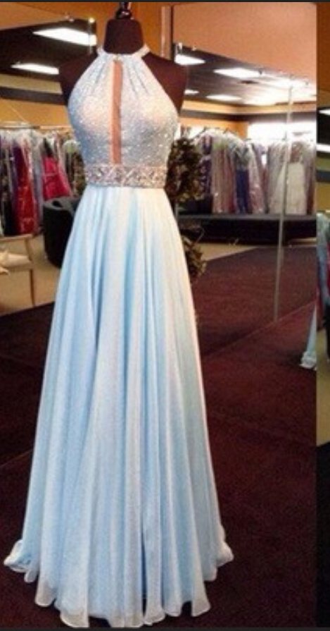 Stunning Baby Blue Chiffon O-neck Long Handmade Sequins And Beaded Prom Dress, A-line Plus Size Homecoming Dresses
