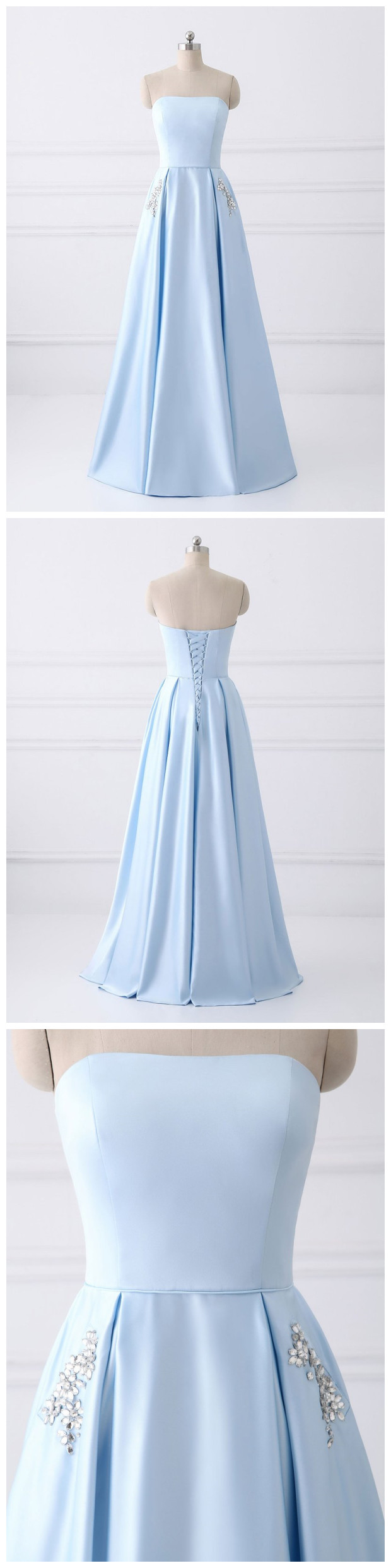 A-line Strapless Simple Long Prom Dresses With Pocket