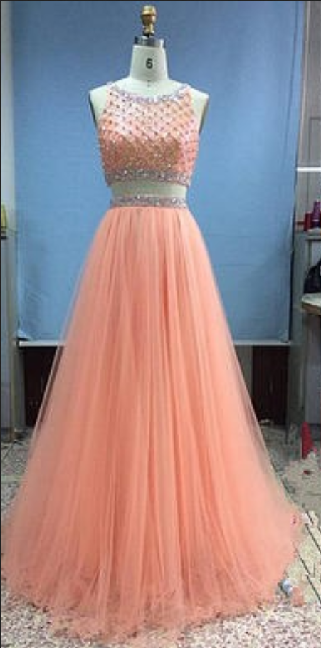 Charming Elegant Two Piece Prom Dresses,coral Prom Dress, Floor Length Party Dresses