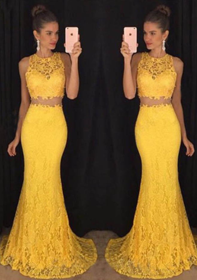 Two Piece Mermaid Prom Gown,lace Evening Gowns,formal Dress For Teens,round Neck Yellow Sleeveless Prom Dresses,lace Party Dress,