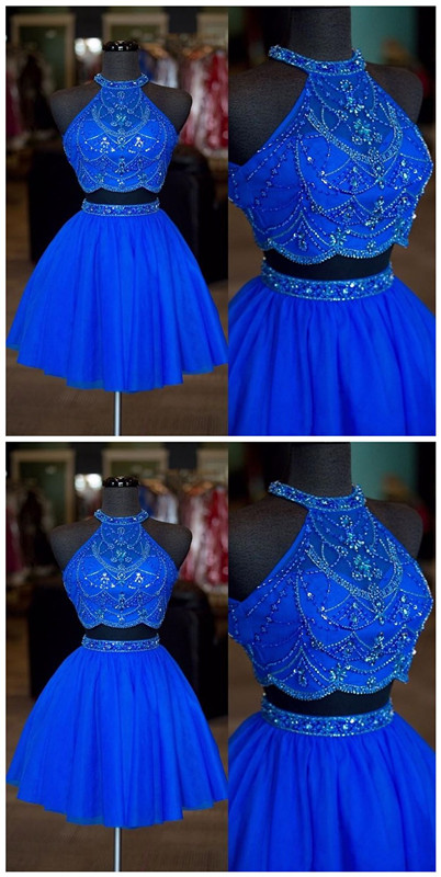 Real Photos Halter Neck Beaded Rhinestone Two Pieces Homecoming Dresses Sexy Backless A Line Tulle Short Prom Dresses
