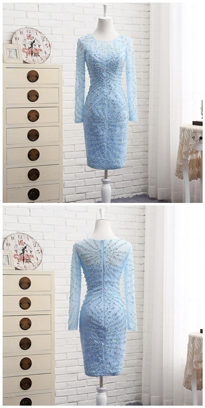 Light Blue Short Prom Dress Lace With Beaded Long Sleeved Cocktail Dresses Vestido Cocktail Court