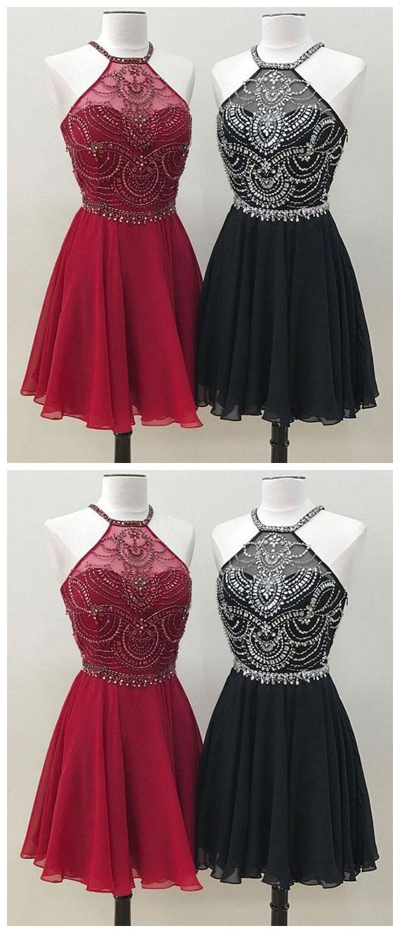 Unique Beads Burgundy And Black Chiffon Short Prom Homecoming Dress