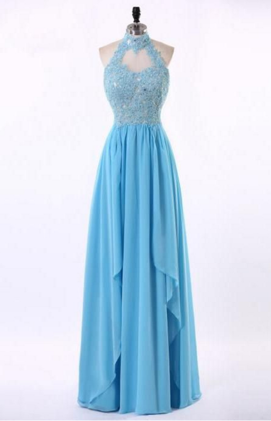 Halter Prom Dress,blue Prom Dress,appliques Prom Dress,chiffon Prom Dresses