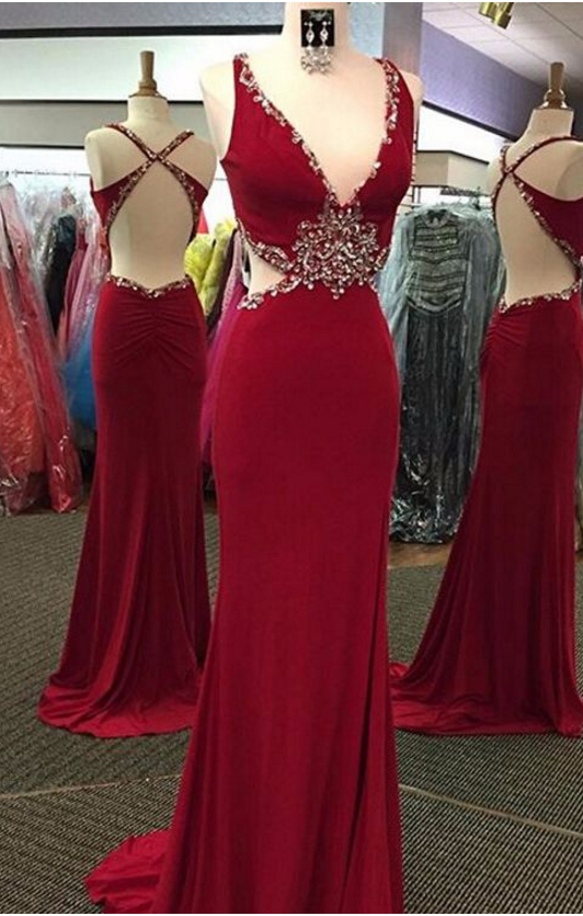 Chiffon Prom Dress,backless Prom Dress,red Beaded Evening Dress,long Evening Dresses,women Dress