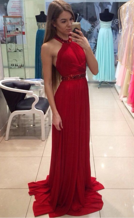 Halter Red Ruffle Tiered A-Line Prom Dress main image 1