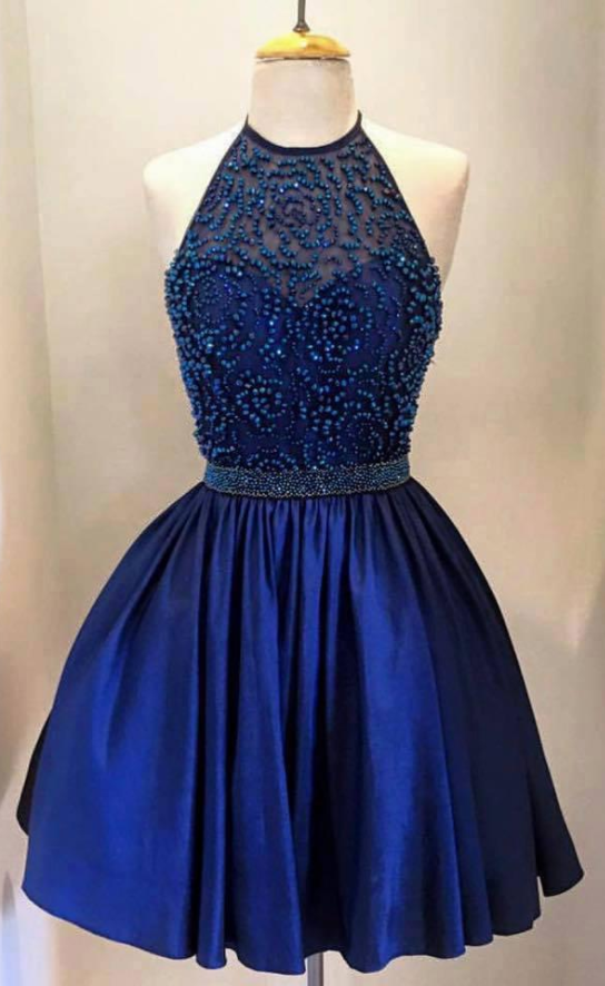 Blue Beads Homecoming Dress,short Homecoming Dresses,short Prom Dress, Formal Dress, Sexy Gril Dress,short Prom Dress, Backless Prom Dress,