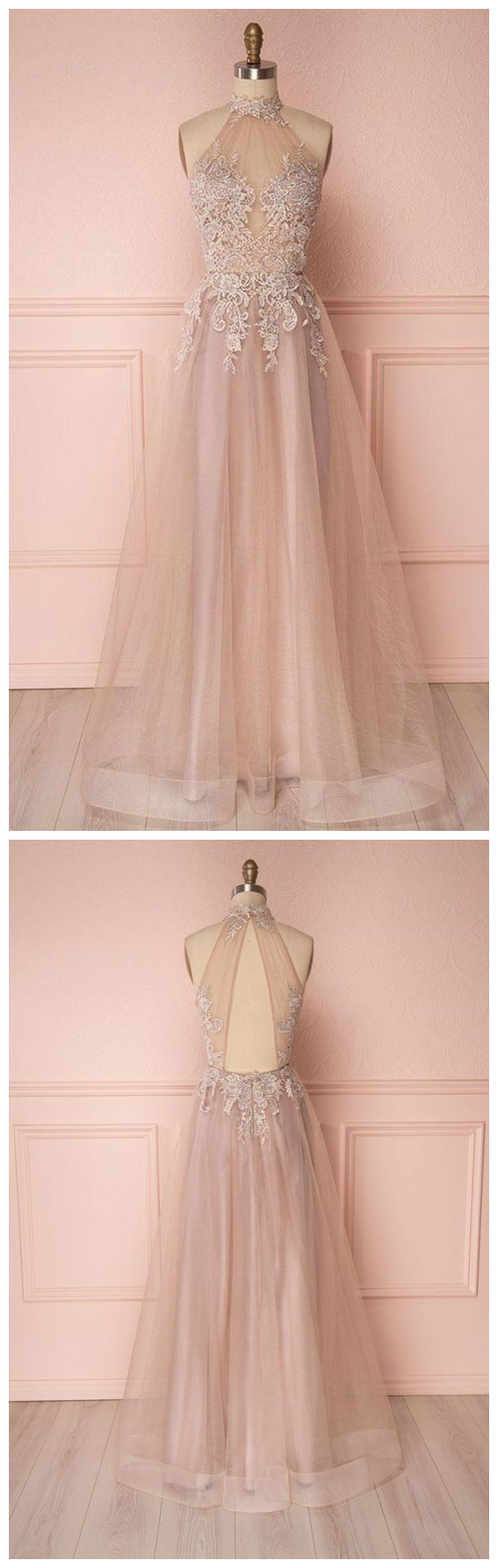 A-line High Neck Sleeveless Long Prom/evening Dress With Appliques on ...