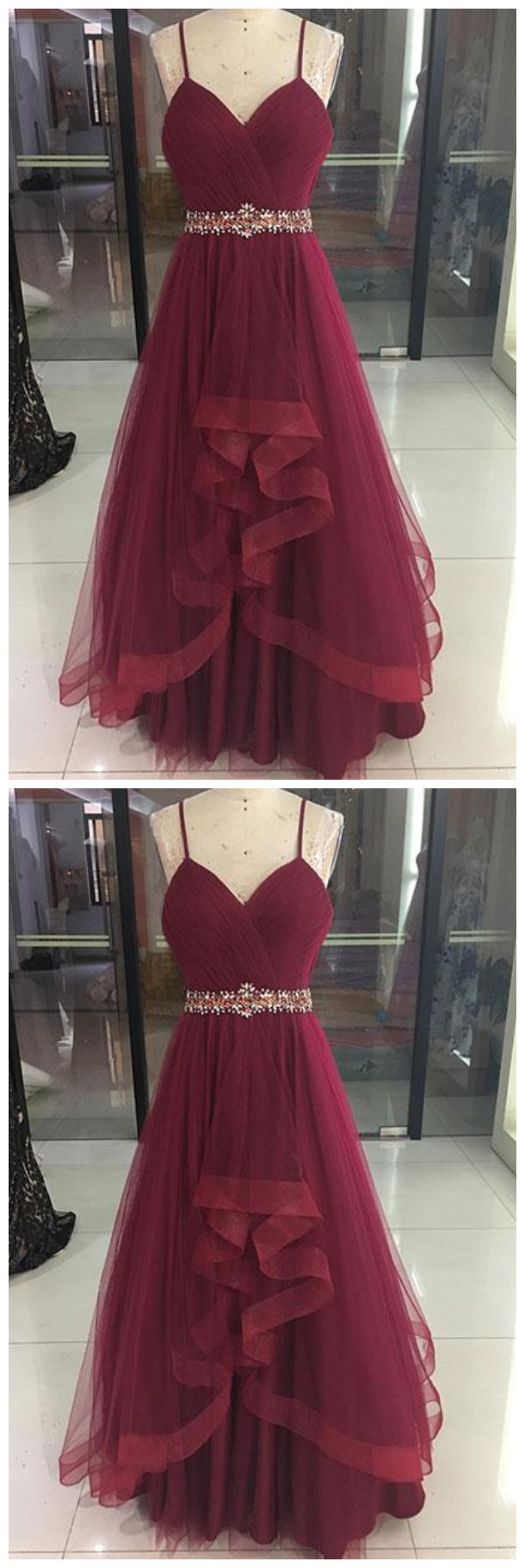 Sexy Burgundy V-neck Tulle Prom Dress,spaghetti Straps Burgundy Evening Dress