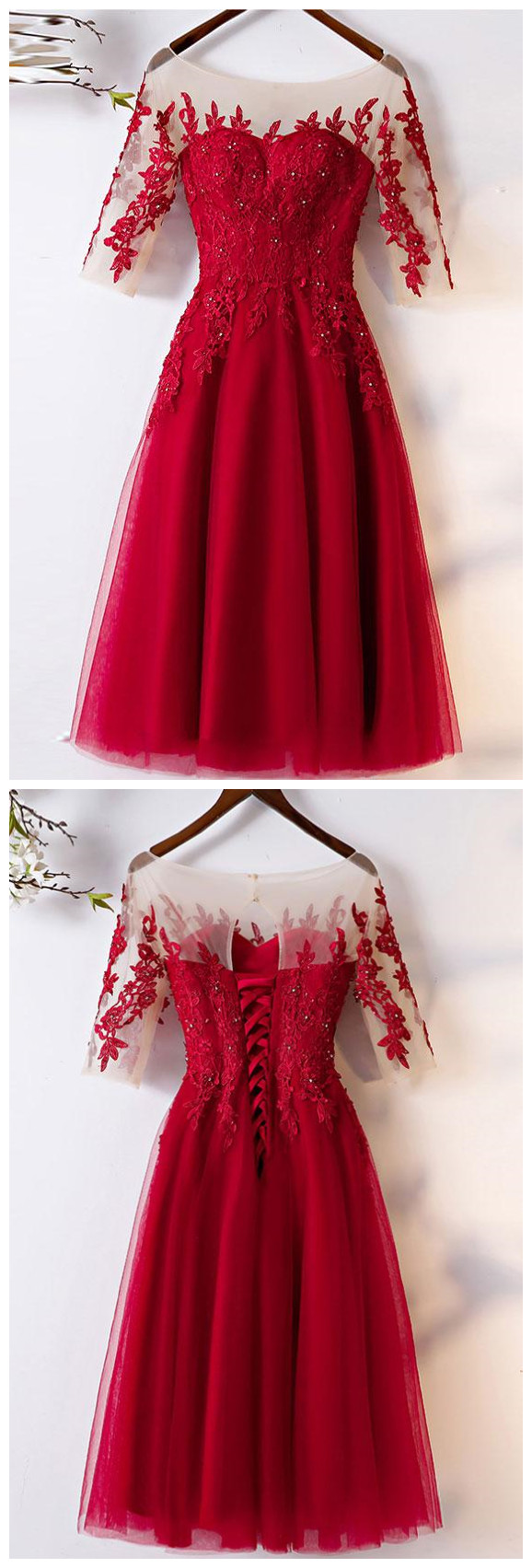 Tulle Round Neck Prom Dress,tea Length Half Sleeves Evening Dress,wedding Party Dress
