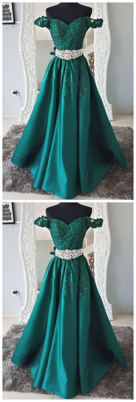 Green Lace Off Shoulder Prom Dress,sweetheart Applique Evening Dress