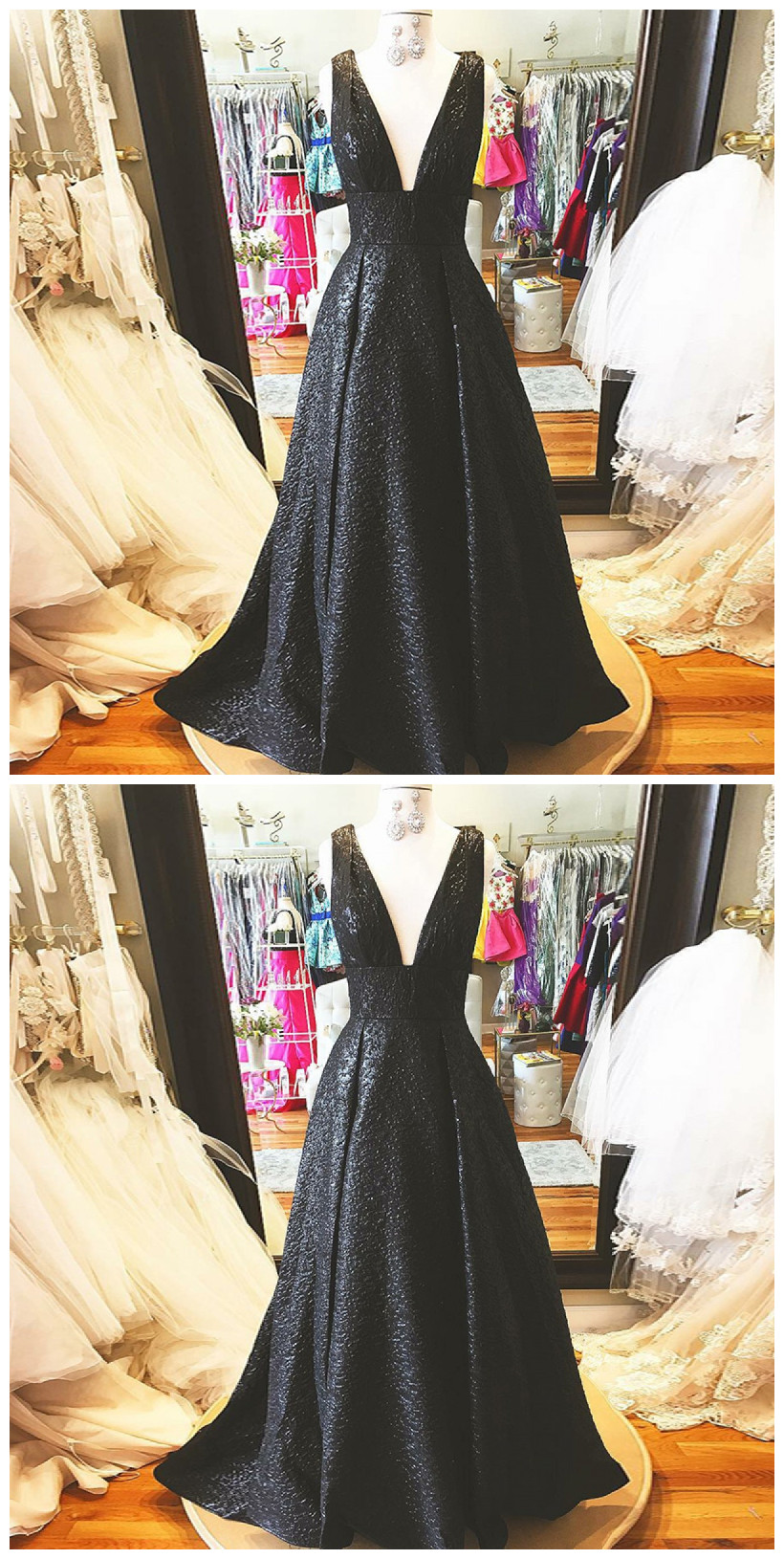 A-line Deep V-neck Sweep Train Black Prom Dress
