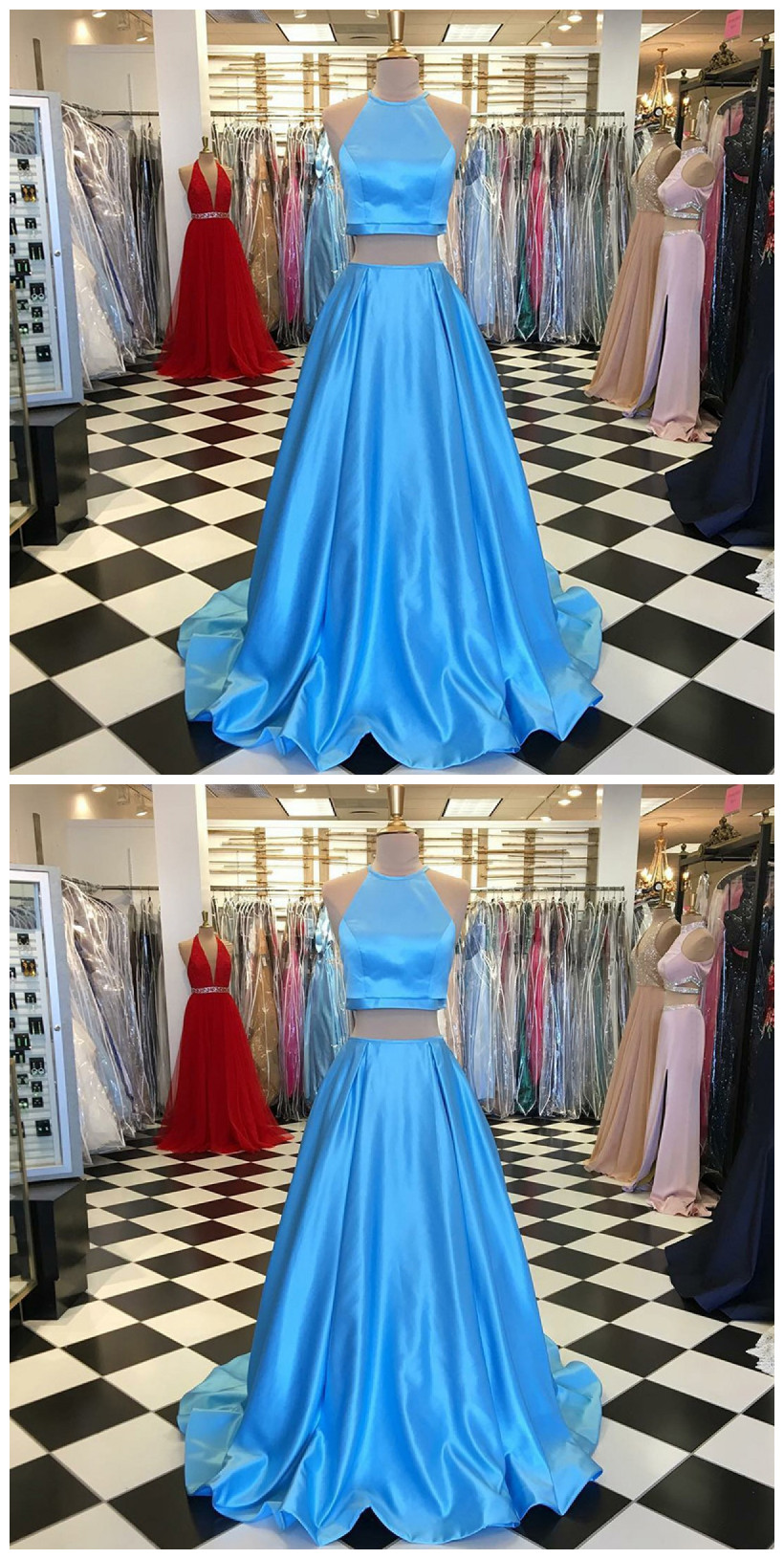 Two Piece A-line Round Neck Sweep Train Blue Prom Dress