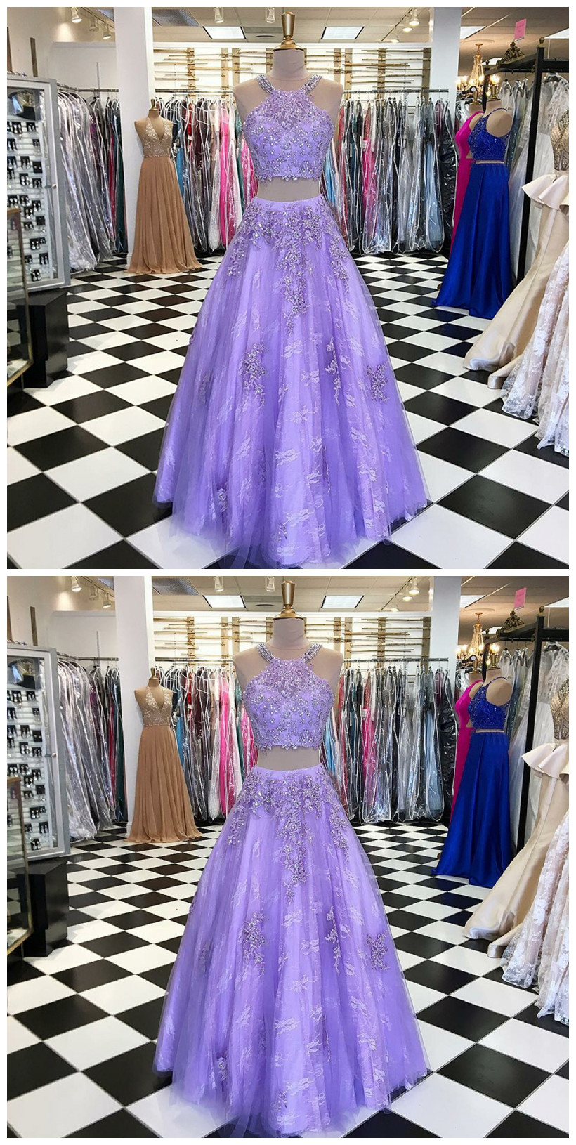 Two Piece Jewel Floor-length Lavender Beaded Prom Dress With Appliques