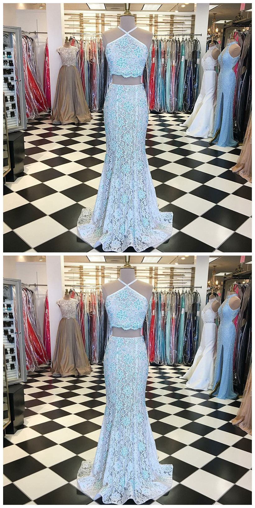 Elegant Two Piece Champagne Mermaid V-Neck Sweep Train Lace Prom Dress LBQ0031 main image 1