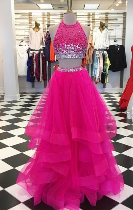 Two Pieces Prom Dresses, Ruffles Quinceanera Dresses,ball Gowns Tulle ,crystal Beaded Graduation Dresses