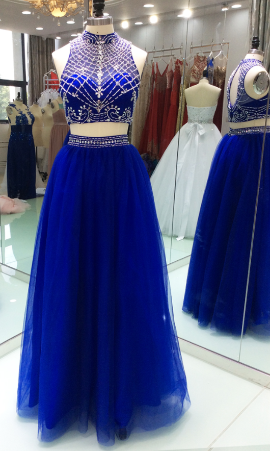 Modest Royal Blue Prom Dress 2 Pieces Tulle High Neck Keyhole Back With Blingbling Crystal Beaded Long Evening Formal Dress