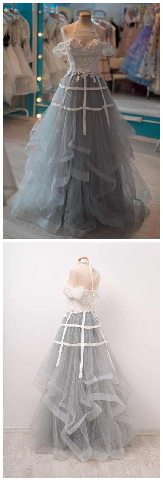 Light Gray Sweetheart Tulle Appliqued Prom Dress with Lace Up Back, A Line Evening Dress UQ2607